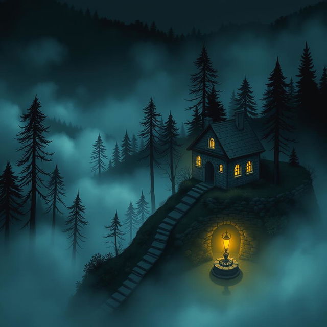 A captivating book cover illustration featuring a mysterious nighttime scene in a hilly forest area