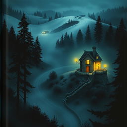 A captivating book cover illustration featuring a mysterious nighttime scene in a hilly forest area