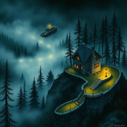 A captivating book cover illustration featuring a mysterious nighttime scene in a hilly forest area