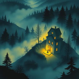 A captivating book cover illustration featuring a mysterious nighttime scene in a hilly forest area