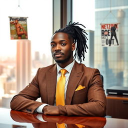 A handsome black man with neatly pulled back dreadlocks in a ponytail at the nape of his neck, dressed in an elegant brown and gold suit with a gold straight tie