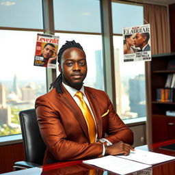 A handsome black man with neatly pulled back dreadlocks in a ponytail at the nape of his neck, dressed in an elegant brown and gold suit with a gold straight tie
