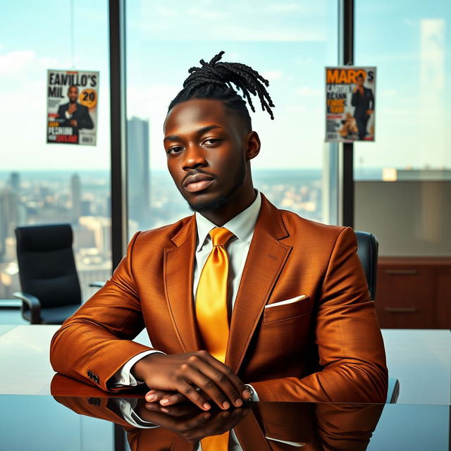 A handsome black man with neatly pulled back dreadlocks in a ponytail at the nape of his neck, dressed in an elegant brown and gold suit with a gold straight tie