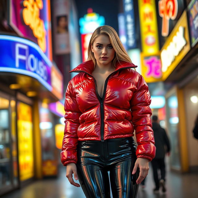A hot slim girl with voluptuous curves and big breasts, wearing a shiny red tight puffer jacket that perfectly emphasizes her shape, complemented by form-fitting black latex leggings that accentuate her legs