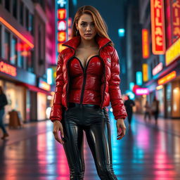 A hot slim girl with voluptuous curves and big breasts, wearing a shiny red tight puffer jacket that perfectly emphasizes her shape, complemented by form-fitting black latex leggings that accentuate her legs