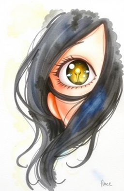 A watercolor painting of a girl with half of her face visible, gazing directly at the viewer