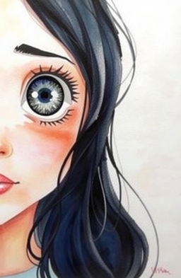 A watercolor painting of a girl with half of her face visible, gazing directly at the viewer