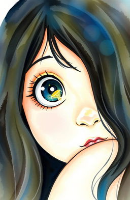 A watercolor painting of a girl with half of her face visible, gazing directly at the viewer