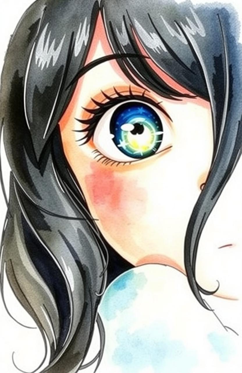 A watercolor painting of a girl with half of her face visible, gazing directly at the viewer