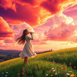 A vivid scene featuring a girl blowing into a flute, set against a dramatic red and purple sky, filled with bright clouds