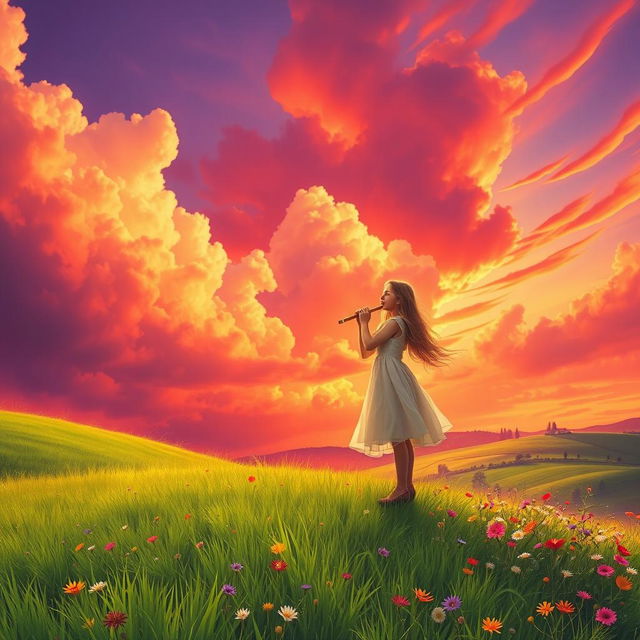 A vivid scene featuring a girl blowing into a flute, set against a dramatic red and purple sky, filled with bright clouds