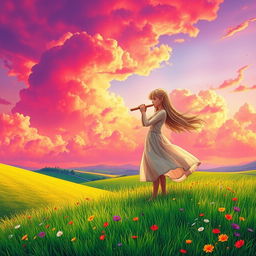 A vivid scene featuring a girl blowing into a flute, set against a dramatic red and purple sky, filled with bright clouds