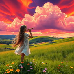 A vivid scene featuring a girl blowing into a flute, set against a dramatic red and purple sky, filled with bright clouds