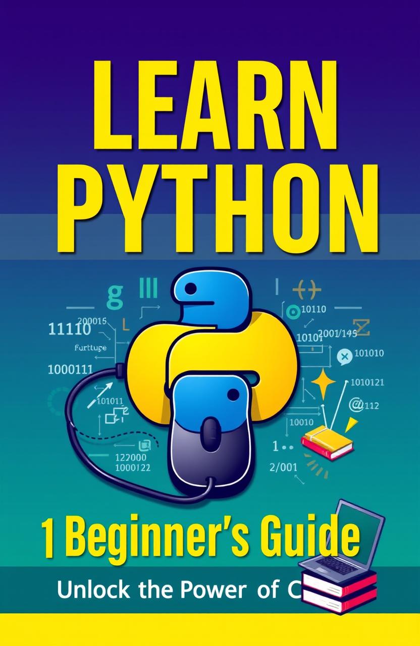 A captivating and modern book cover design featuring elements representing Python programming for beginners