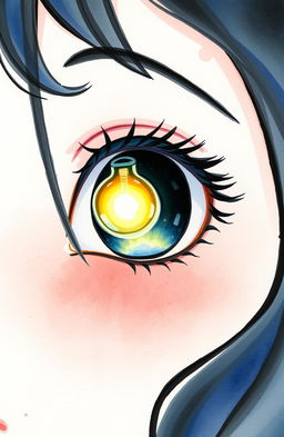 A watercolor painting featuring a close-up view of half the face of a girl looking directly at the camera