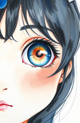 A watercolor painting featuring a close-up view of half the face of a girl looking directly at the camera