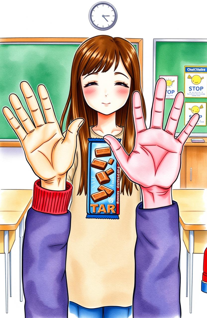 A watercolor illustration featuring the hands and arms of a girl offering a chocolate bar with a warm and inviting gesture