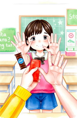 A watercolor illustration featuring the hands and arms of a girl offering a chocolate bar with a warm and inviting gesture