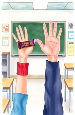 A watercolor illustration featuring the hands and arms of a girl offering a chocolate bar with a warm and inviting gesture