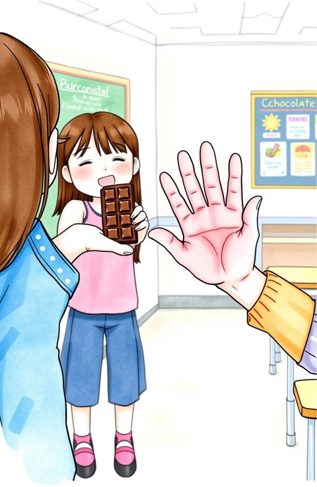 A watercolor illustration featuring the hands and arms of a girl offering a chocolate bar with a warm and inviting gesture