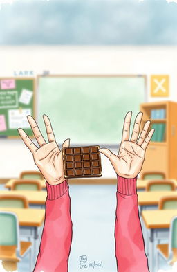 A whimsical watercolor illustration depicting the hands and arms of a girl holding out a chocolate bar in one direction, while another hand and arms are positioned in a rejecting manner, signaling the refusal of the treat