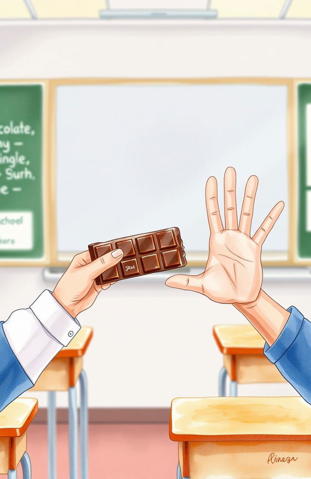 A whimsical watercolor illustration depicting the hands and arms of a girl holding out a chocolate bar in one direction, while another hand and arms are positioned in a rejecting manner, signaling the refusal of the treat