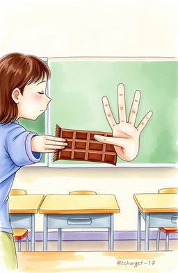 A whimsical watercolor illustration depicting the hands and arms of a girl holding out a chocolate bar in one direction, while another hand and arms are positioned in a rejecting manner, signaling the refusal of the treat