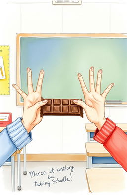 A whimsical watercolor illustration depicting the hands and arms of a girl holding out a chocolate bar in one direction, while another hand and arms are positioned in a rejecting manner, signaling the refusal of the treat