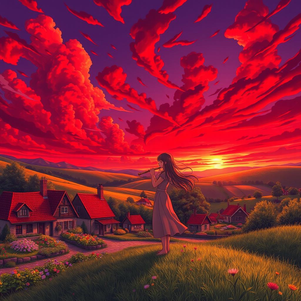 A serene village landscape under a striking red sky filled with clouds, featuring a girl gently blowing into a flute