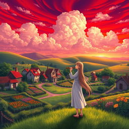 A serene village landscape under a striking red sky filled with clouds, featuring a girl gently blowing into a flute