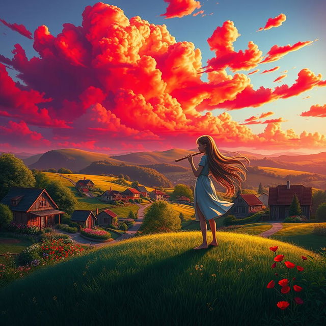 A serene village landscape under a striking red sky filled with clouds, featuring a girl gently blowing into a flute