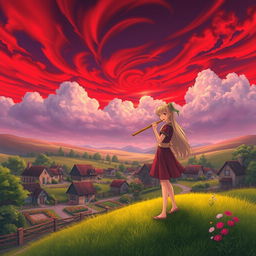 A serene village landscape under a striking red sky filled with clouds, featuring a girl gently blowing into a flute