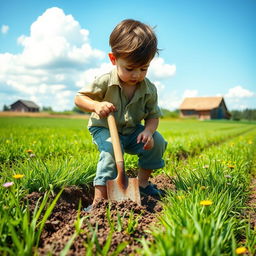 An industrious child, dressed in casual yet slightly worn clothes, works diligently in a sunlit field, tilling the soil with a small shovel
