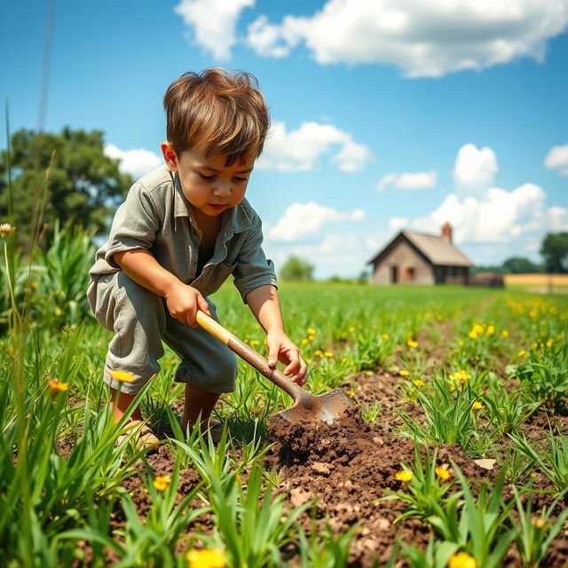 An industrious child, dressed in casual yet slightly worn clothes, works diligently in a sunlit field, tilling the soil with a small shovel