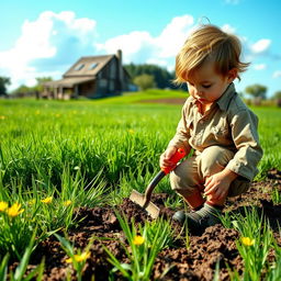 An industrious child, dressed in casual yet slightly worn clothes, works diligently in a sunlit field, tilling the soil with a small shovel