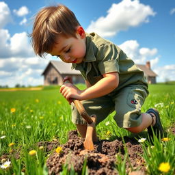 An industrious child, dressed in casual yet slightly worn clothes, works diligently in a sunlit field, tilling the soil with a small shovel