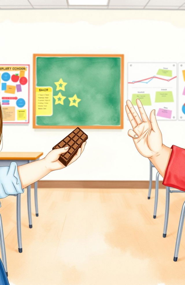 A whimsical watercolor illustration focusing on the hands and arms of a young girl joyfully offering a chocolate bar from the left side, while from the right side, another pair of hands and arms of a young boy is depicted in a gentle refusal gesture