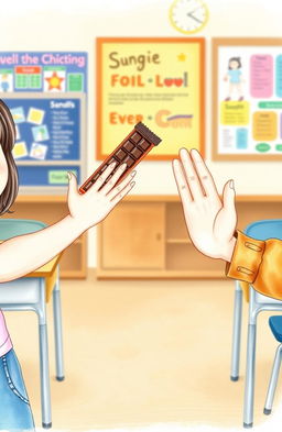 A whimsical watercolor illustration focusing on the hands and arms of a young girl joyfully offering a chocolate bar from the left side, while from the right side, another pair of hands and arms of a young boy is depicted in a gentle refusal gesture