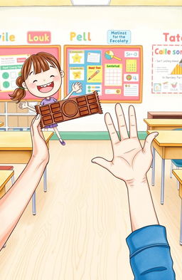 A whimsical watercolor illustration focusing on the hands and arms of a young girl joyfully offering a chocolate bar from the left side, while from the right side, another pair of hands and arms of a young boy is depicted in a gentle refusal gesture