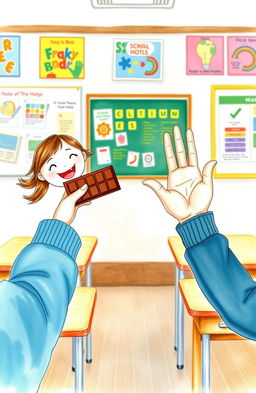 A whimsical watercolor illustration focusing on the hands and arms of a young girl joyfully offering a chocolate bar from the left side, while from the right side, another pair of hands and arms of a young boy is depicted in a gentle refusal gesture