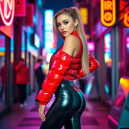 A hot slim girl with a stunning figure and big breasts, outfitted in a shiny red tight puffer jacket that accentuates her curves, paired with sleek black latex leggings that showcase her long legs