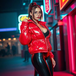 A hot slim girl with a stunning figure and big breasts, outfitted in a shiny red tight puffer jacket that accentuates her curves, paired with sleek black latex leggings that showcase her long legs