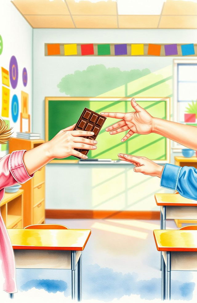 A watercolor painting depicting hands and arms of a young girl offering a chocolate bar and hands and arms of a young boy refusing the chocolate, set in a bright, cheerful classroom environment