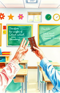 A watercolor painting depicting hands and arms of a young girl offering a chocolate bar and hands and arms of a young boy refusing the chocolate, set in a bright, cheerful classroom environment