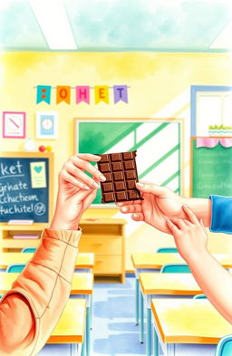 A watercolor painting depicting hands and arms of a young girl offering a chocolate bar and hands and arms of a young boy refusing the chocolate, set in a bright, cheerful classroom environment