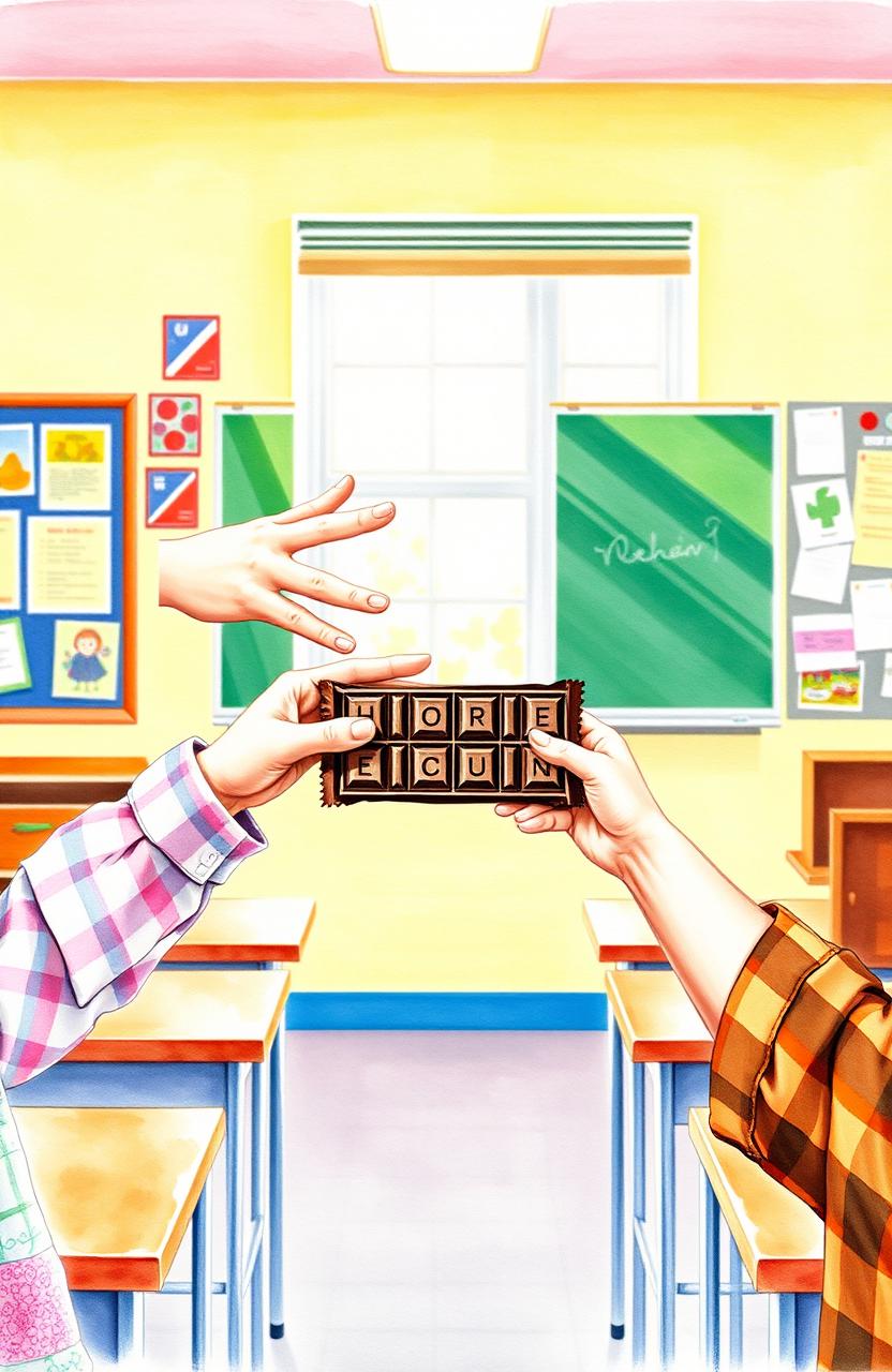 A watercolor painting depicting hands and arms of a young girl offering a chocolate bar and hands and arms of a young boy refusing the chocolate, set in a bright, cheerful classroom environment