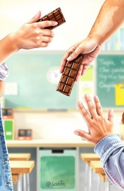 A watercolor painting depicting the hands and arms of a young girl offering a chocolate bar, while the hands and arms of a young boy are shown rejecting it, all set inside a classroom environment
