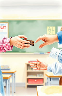 A watercolor painting depicting the hands and arms of a young girl offering a chocolate bar, while the hands and arms of a young boy are shown rejecting it, all set inside a classroom environment