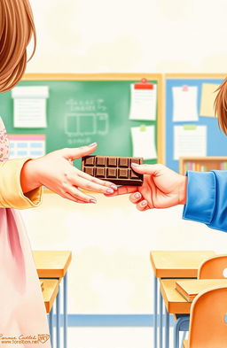 A watercolor painting depicting the hands and arms of a young girl offering a chocolate bar, while the hands and arms of a young boy are shown rejecting it, all set inside a classroom environment