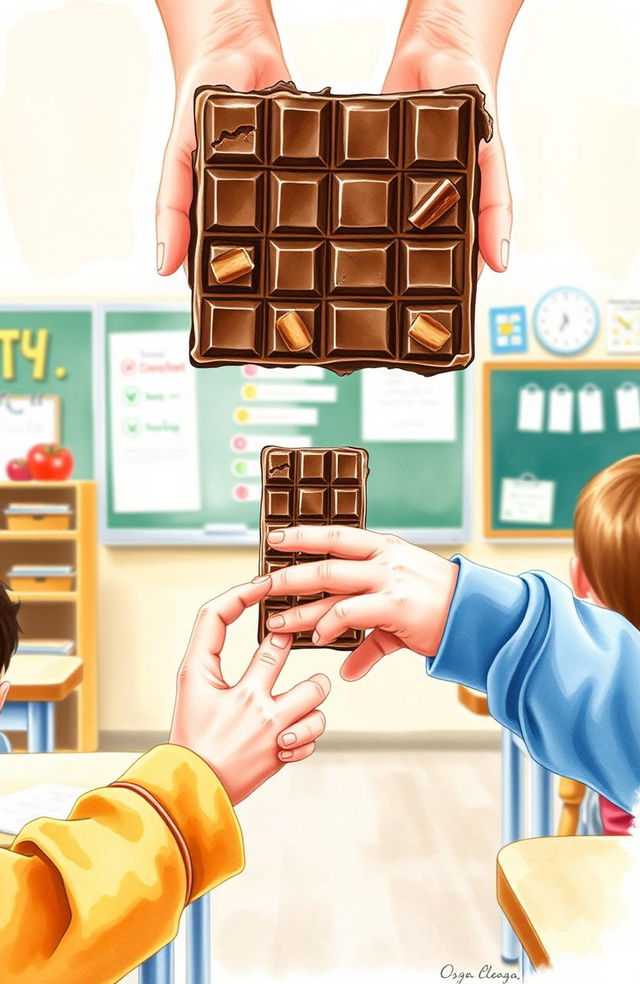 A watercolor painting depicting the hands and arms of a young girl offering a chocolate bar, while the hands and arms of a young boy are shown rejecting it, all set inside a classroom environment